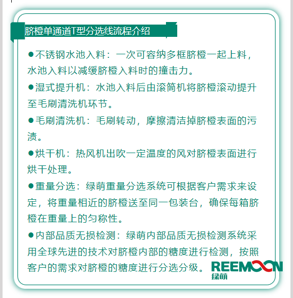 今年綠萌推出T型系列設備，專為中國果農研制的高性價比的設備，具有功能齊全、小型輕便可移動、操作簡單、易維護的優點。臍橙單通道分選線確保每箱分選過的臍橙個頭勻稱、糖酸度相近，有著穩定的品質，讓非標準的農產品標準化。該分選線專門為中國小戶果農定制，為客戶實地考察，根據客戶需求全流程設計，